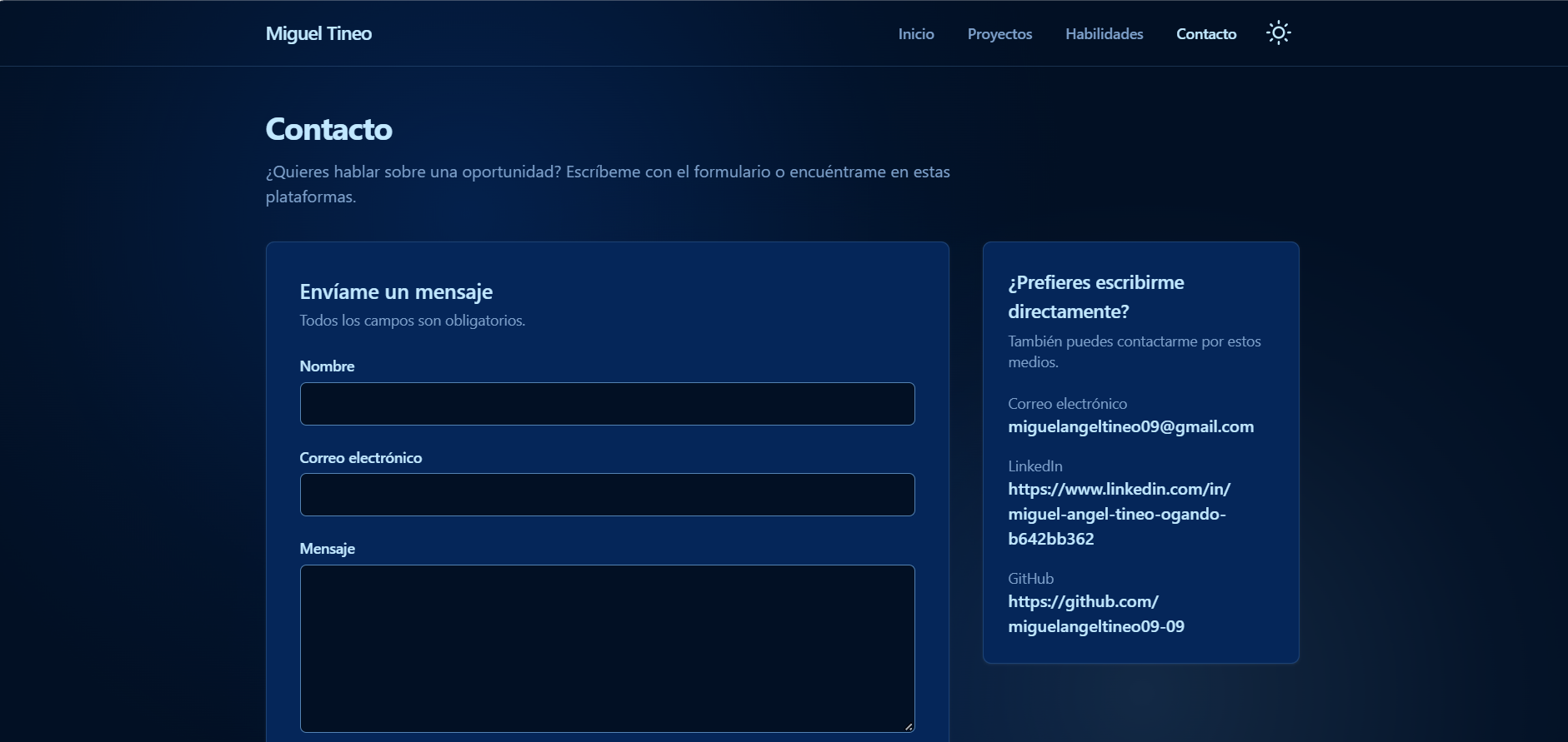 Página de contacto del portafolio con formulario funcional e información de contacto directa